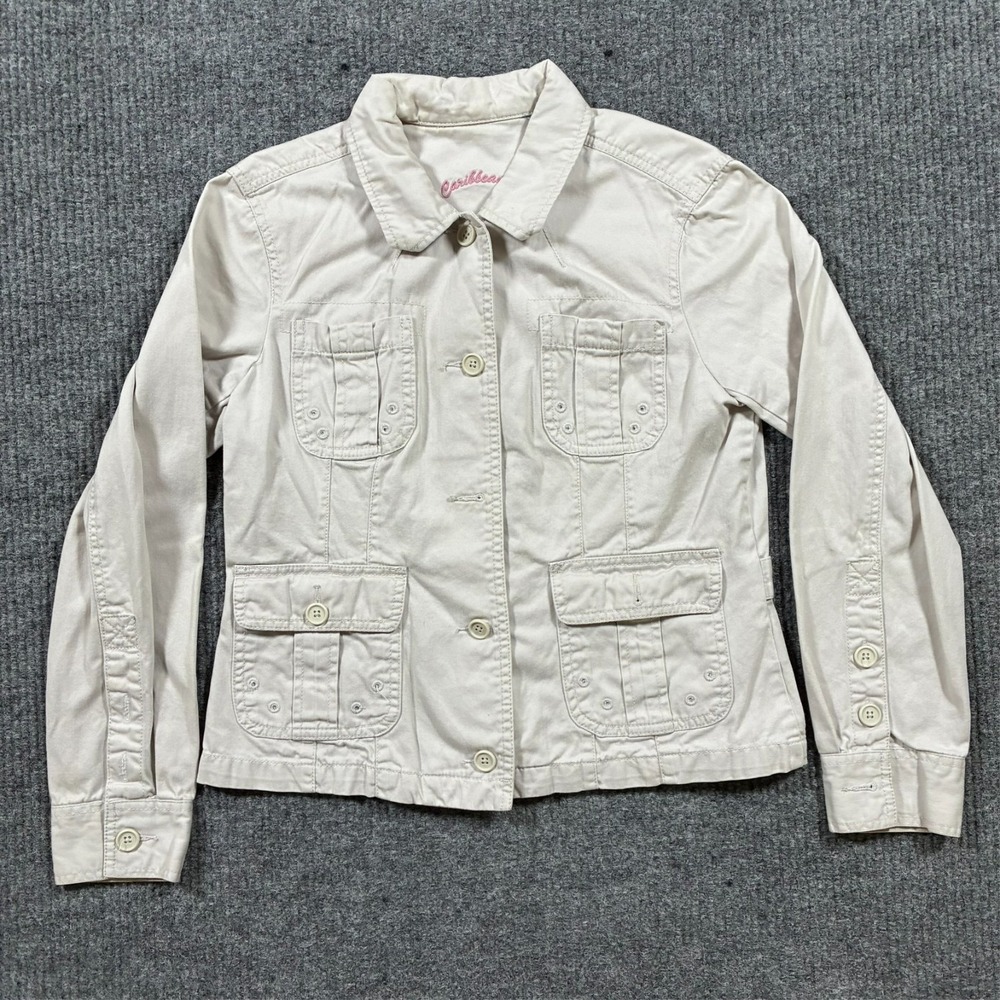 Caribbean Joe Womens Utility Jacket Beige Button Front Safari Military 34" Chest